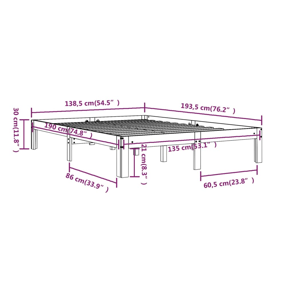 Estrutura de cama casal 135x190 cm madeira maciça