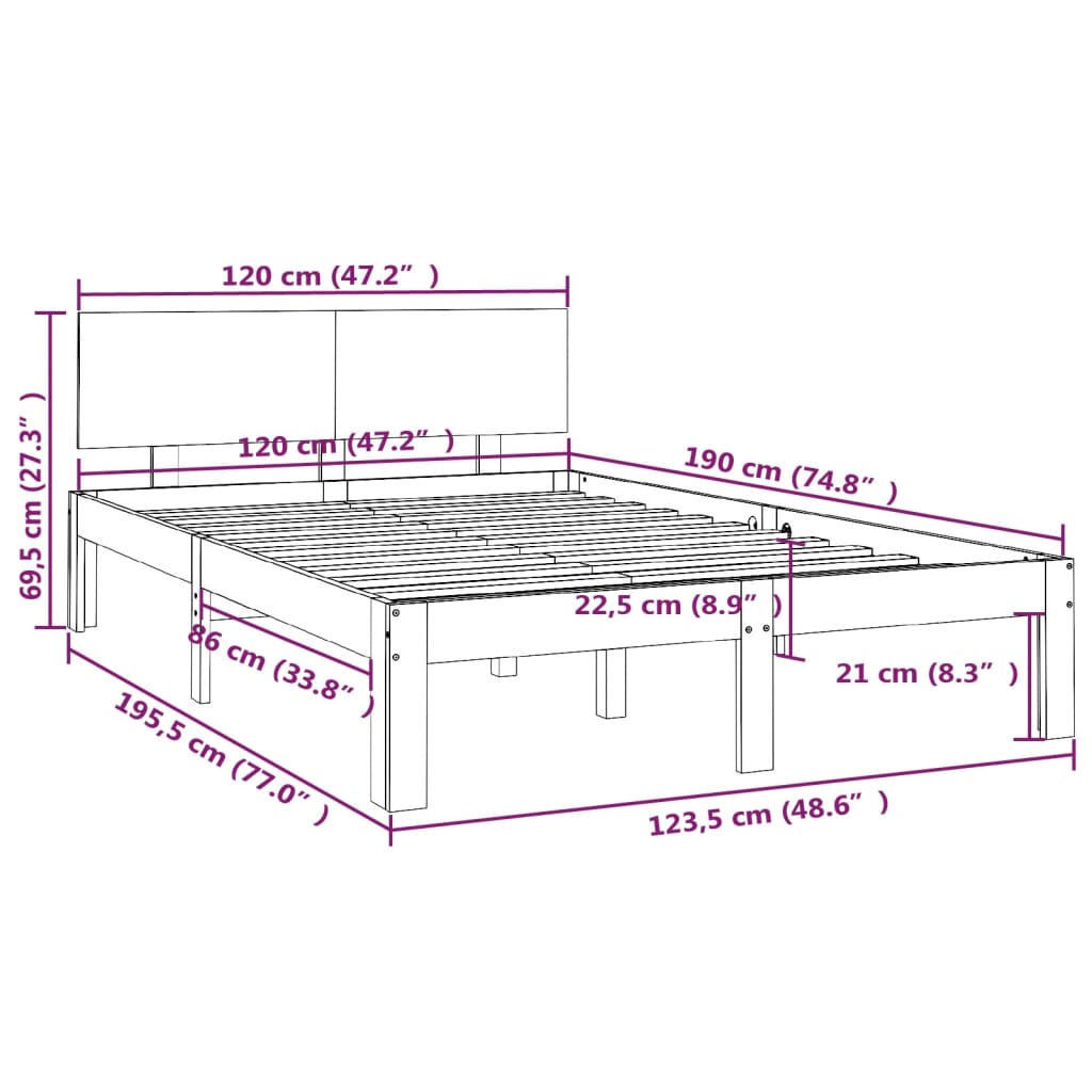 Estrutura de cama pequena casal 120x190 cm pinho maciço