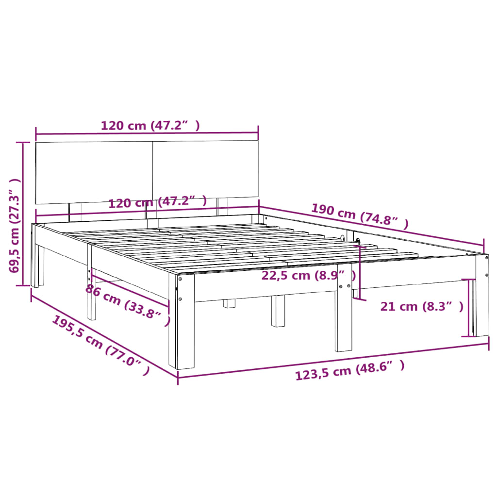 Estrutura cama pequena casal UK 120x190 cm pinho maciço preto