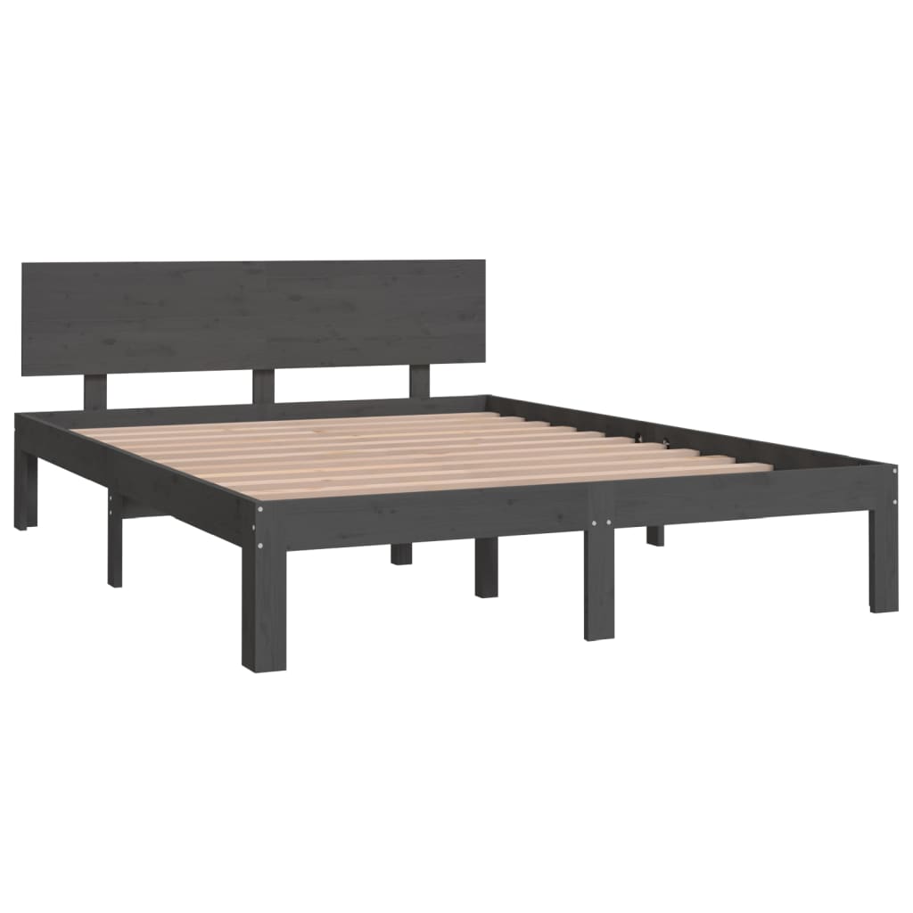 Estrutura de cama casal 135x190 cm madeira maciça cinzento