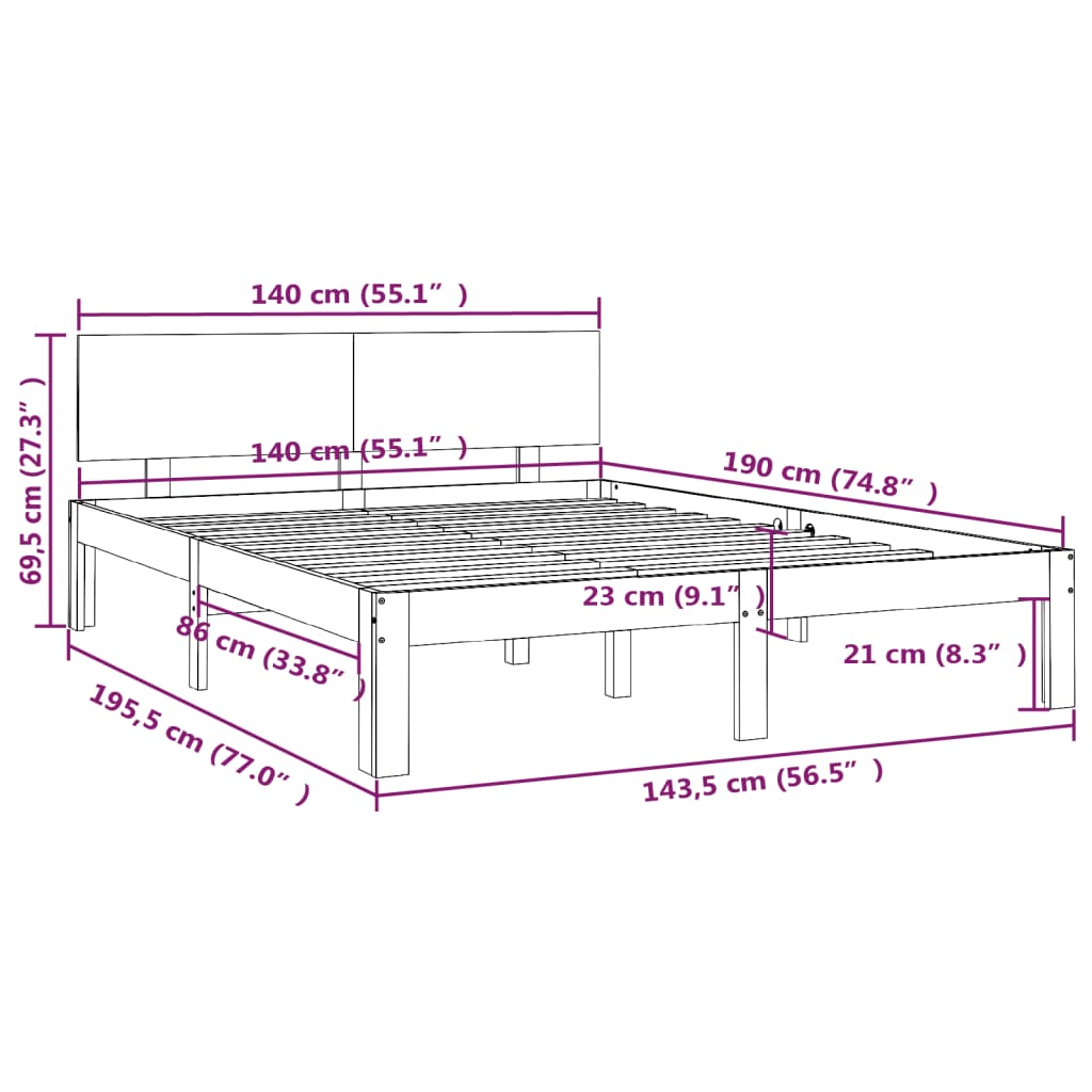 Estrutura de cama 140x190 cm pinho maciço