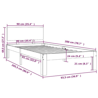 Estrutura de cama 90 x 200 cm madeira de pinho maciça preto