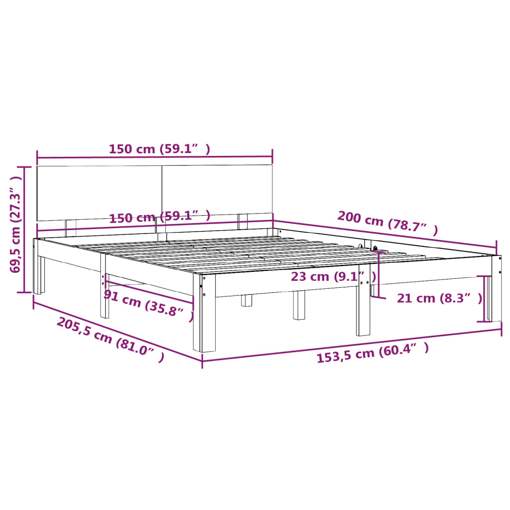 Estrutura de cama king 150x200 cm madeira maciça cinza