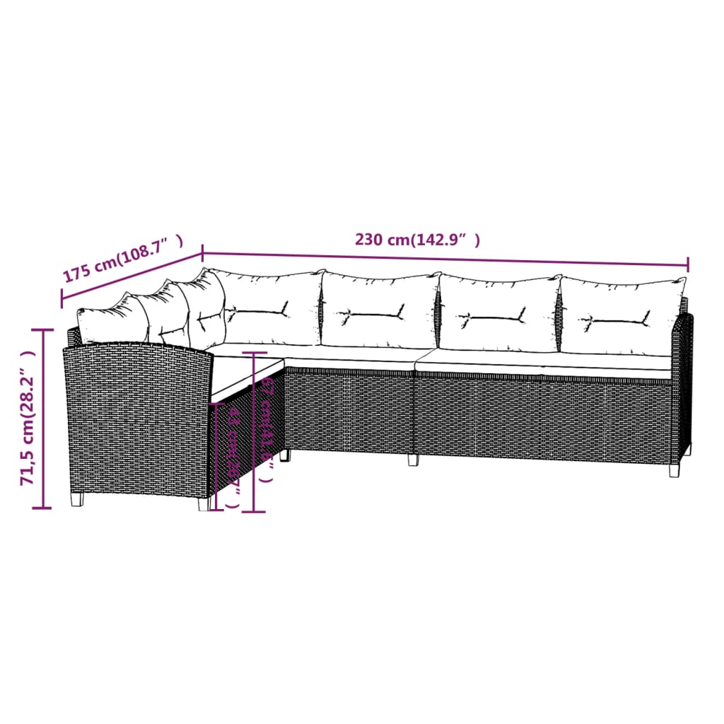 6 pcs conjunto lounge de jardim c/ almofadões vime PE cinzento