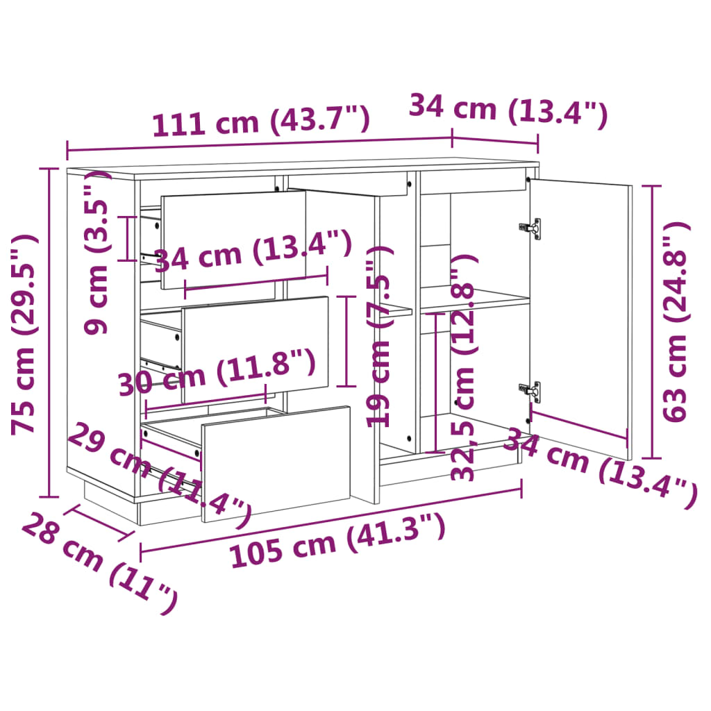 Aparador Valéria com 3 Gavetas e 2 Portas em Madeira de Pinho de 111 cm - Branco - Design Rústico