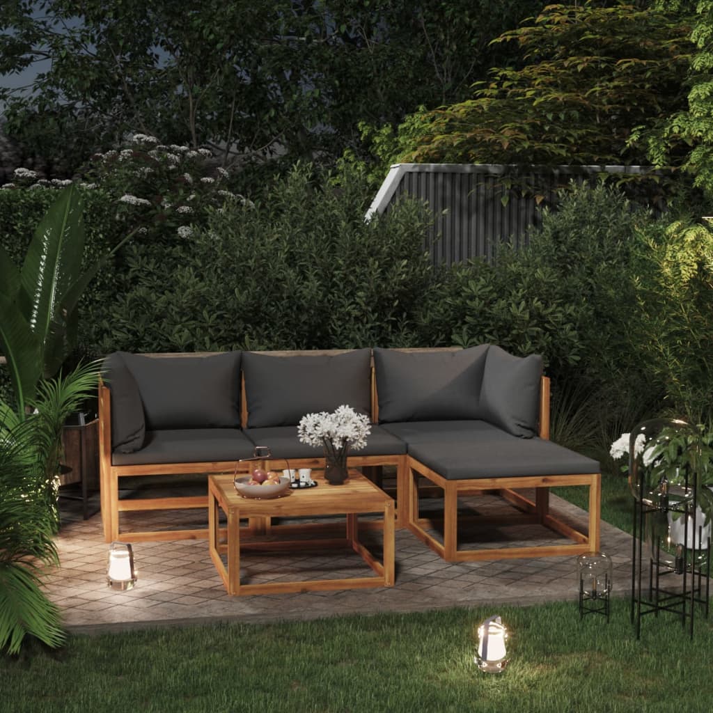 5 pcs conj. lounge jardim c/ almofadões madeira acácia maciça