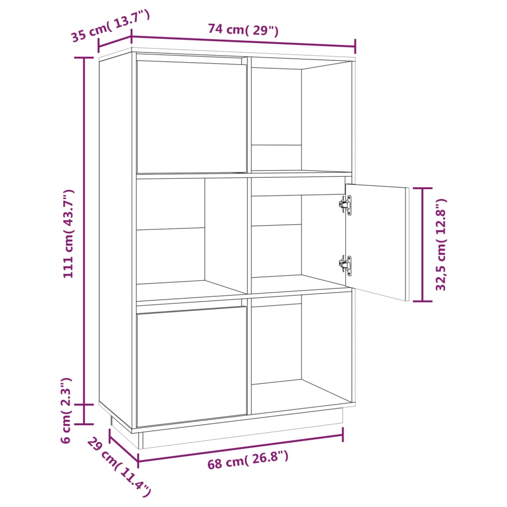 Aparador alto74x35x117 cm pinho maciço branco