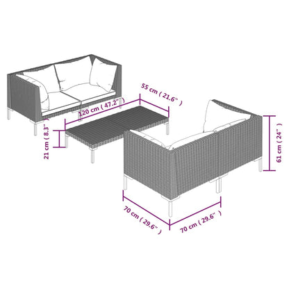 5 pcs conj. lounge jardim c/ almofadões vime PE cinzento-escuro