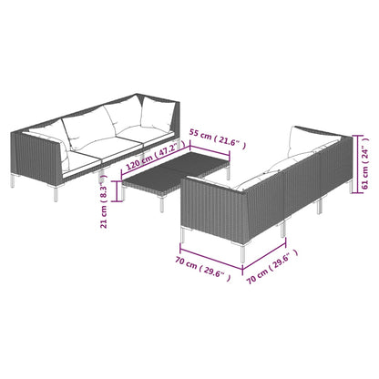 7 pcs conj. lounge jardim c/ almofadões vime PE cinzento-escuro