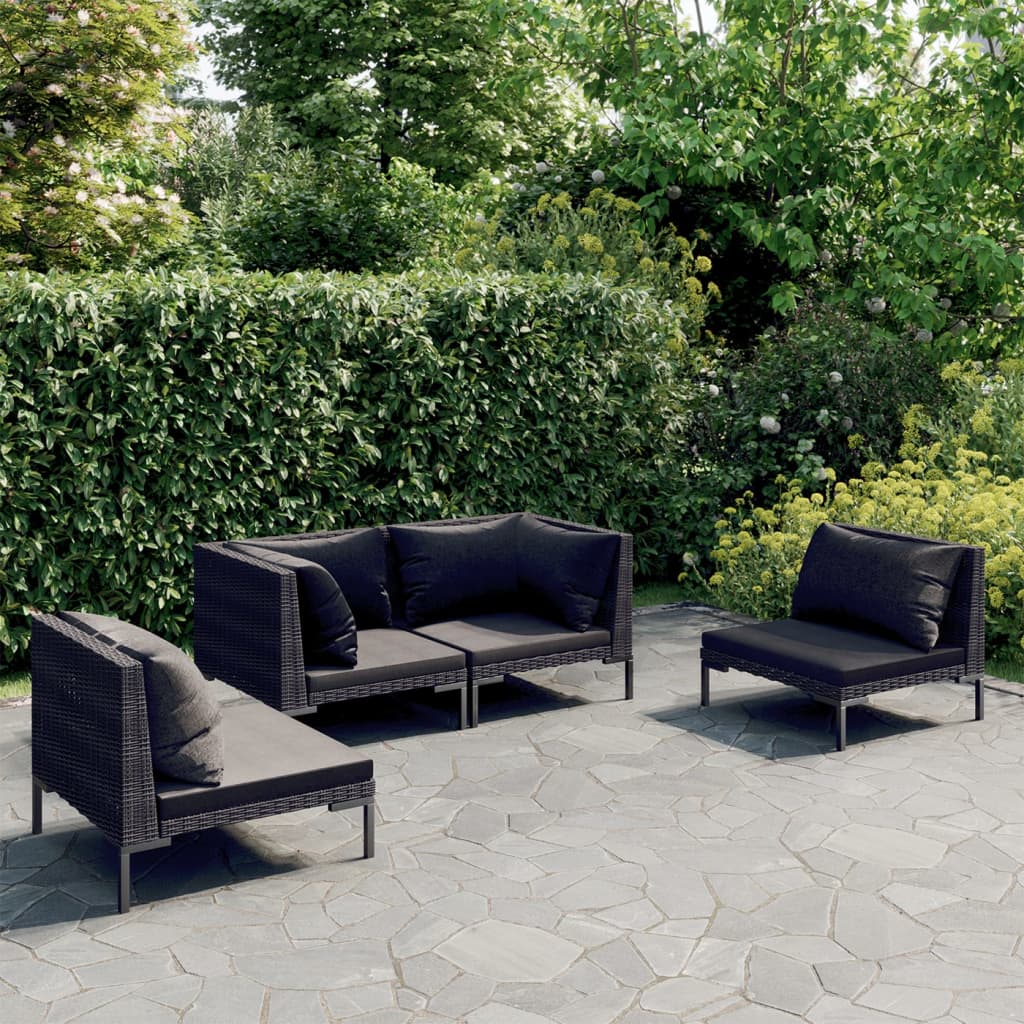 4 pcs conj. lounge jardim c/ almofadões vime PE cinza-escuro