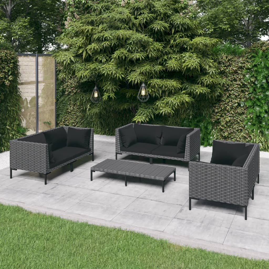 7 pcs conj. lounge jardim c/ almofadões vime PE cinzento-escuro