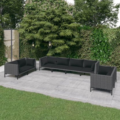 8 pcs conj. lounge jardim c/ almofadões vime PE cinzento-escuro