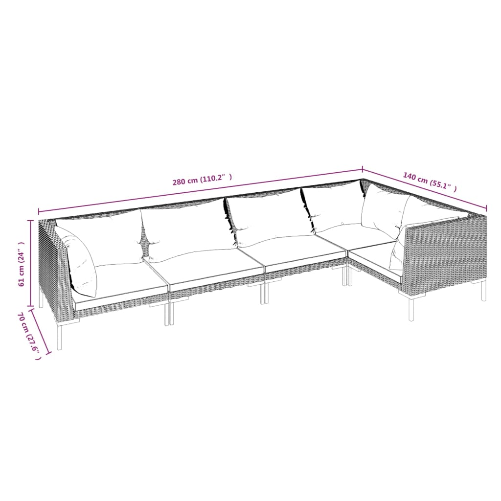 5 pcs conj. lounge jardim c/ almofadões vime PE cinzento-escuro