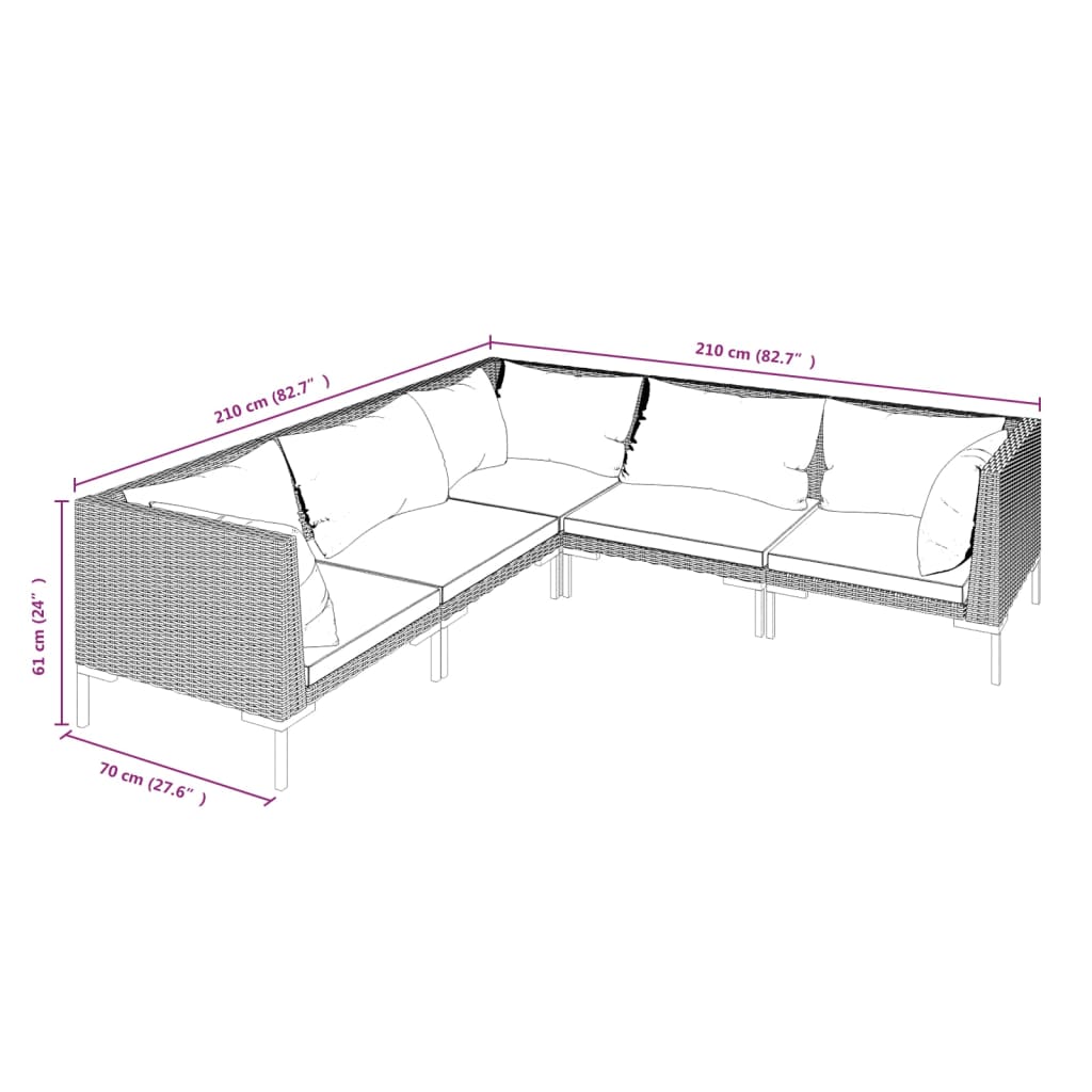 5 pcs conj. lounge jardim c/ almofadões vime PE cinzento-escuro