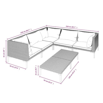 6 pcs conj. lounge jardim c/ almofadões vime PE cinzento-escuro