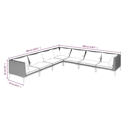 7 pcs conj. lounge jardim c/ almofadões vime PE cinzento-escuro