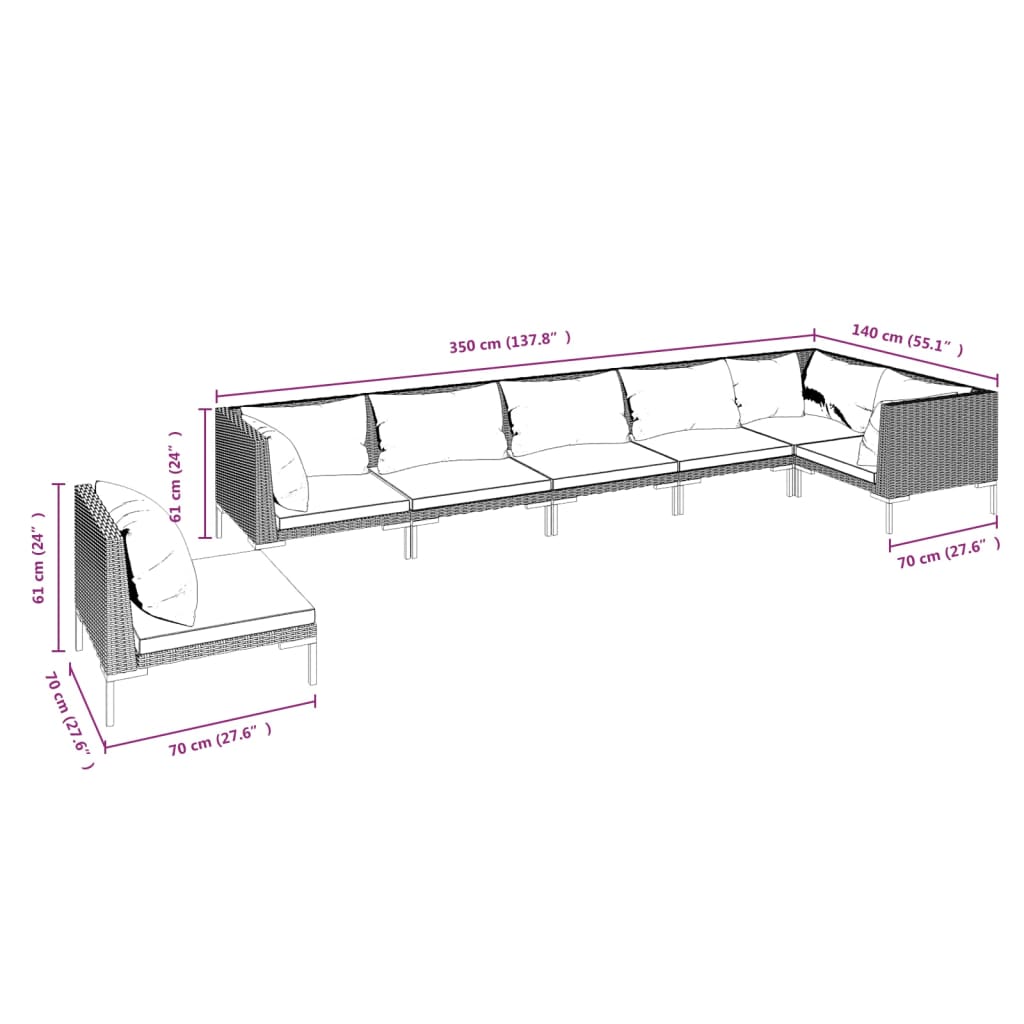 7 pcs conj. lounge jardim c/ almofadões vime PE cinzento-escuro