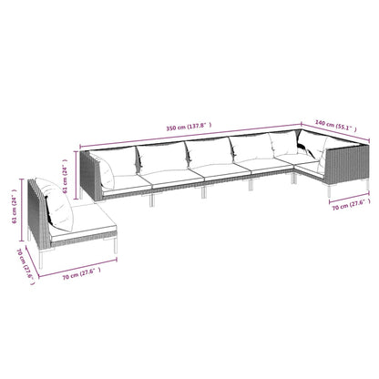 7 pcs conj. lounge jardim c/ almofadões vime PE cinzento-escuro