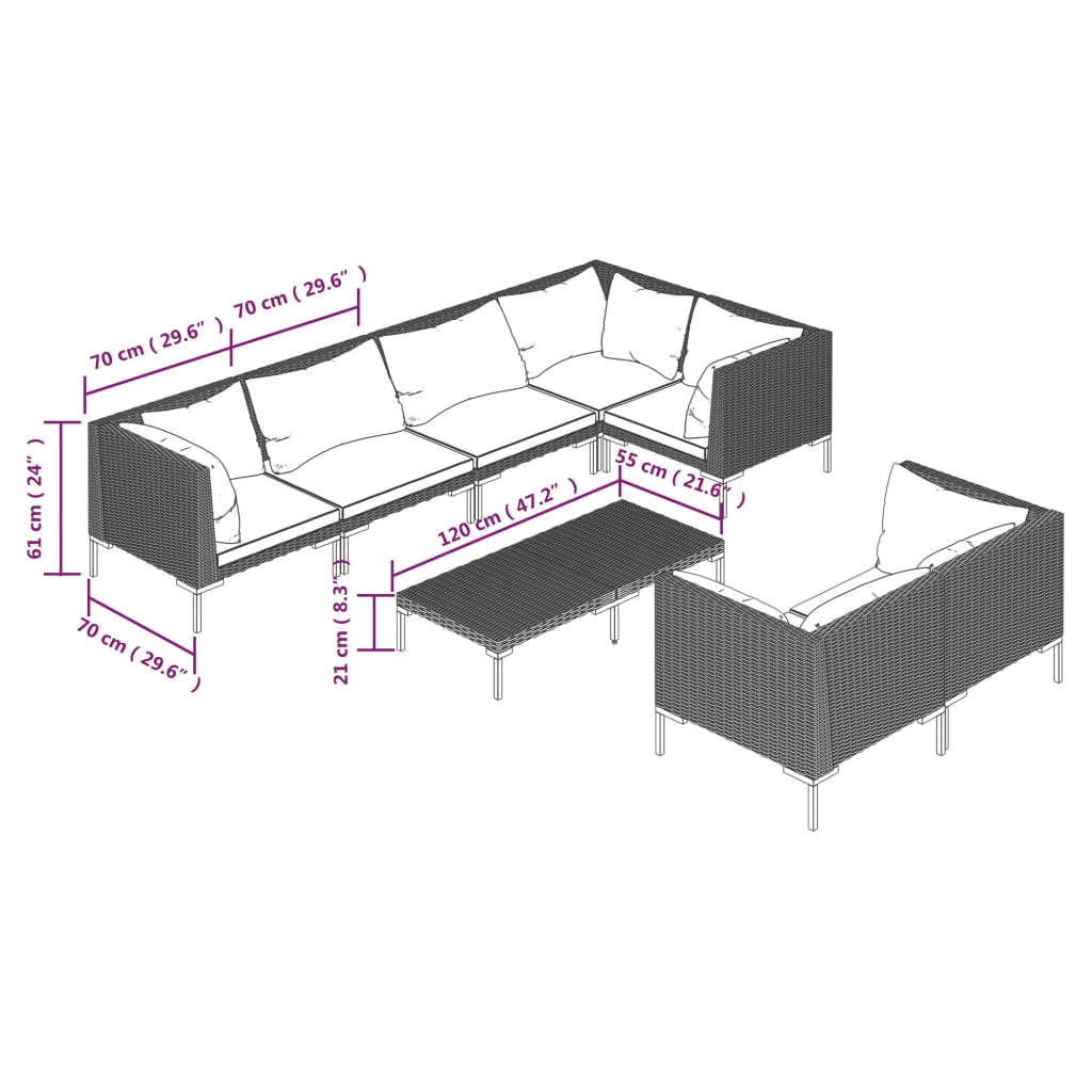 8 pcs conj. lounge jardim c/ almofadões vime PE cinzento-escuro