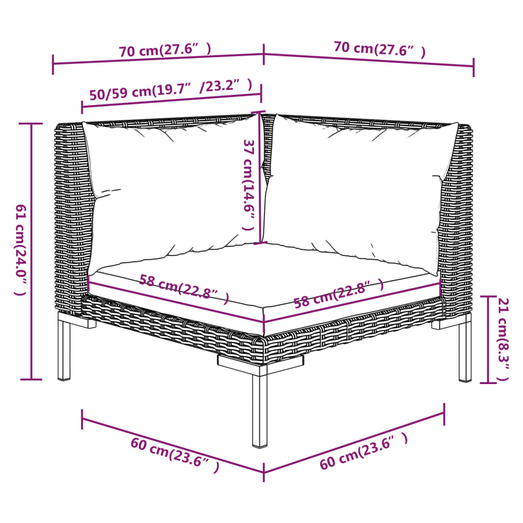 8 pcs conj. lounge jardim c/ almofadões vime PE cinzento-escuro