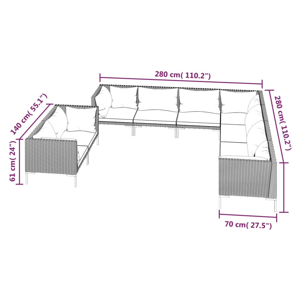 9 pcs conj. lounge jardim c/ almofadões vime PE cinzento-escuro