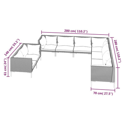 9 pcs conj. lounge jardim c/ almofadões vime PE cinzento-escuro