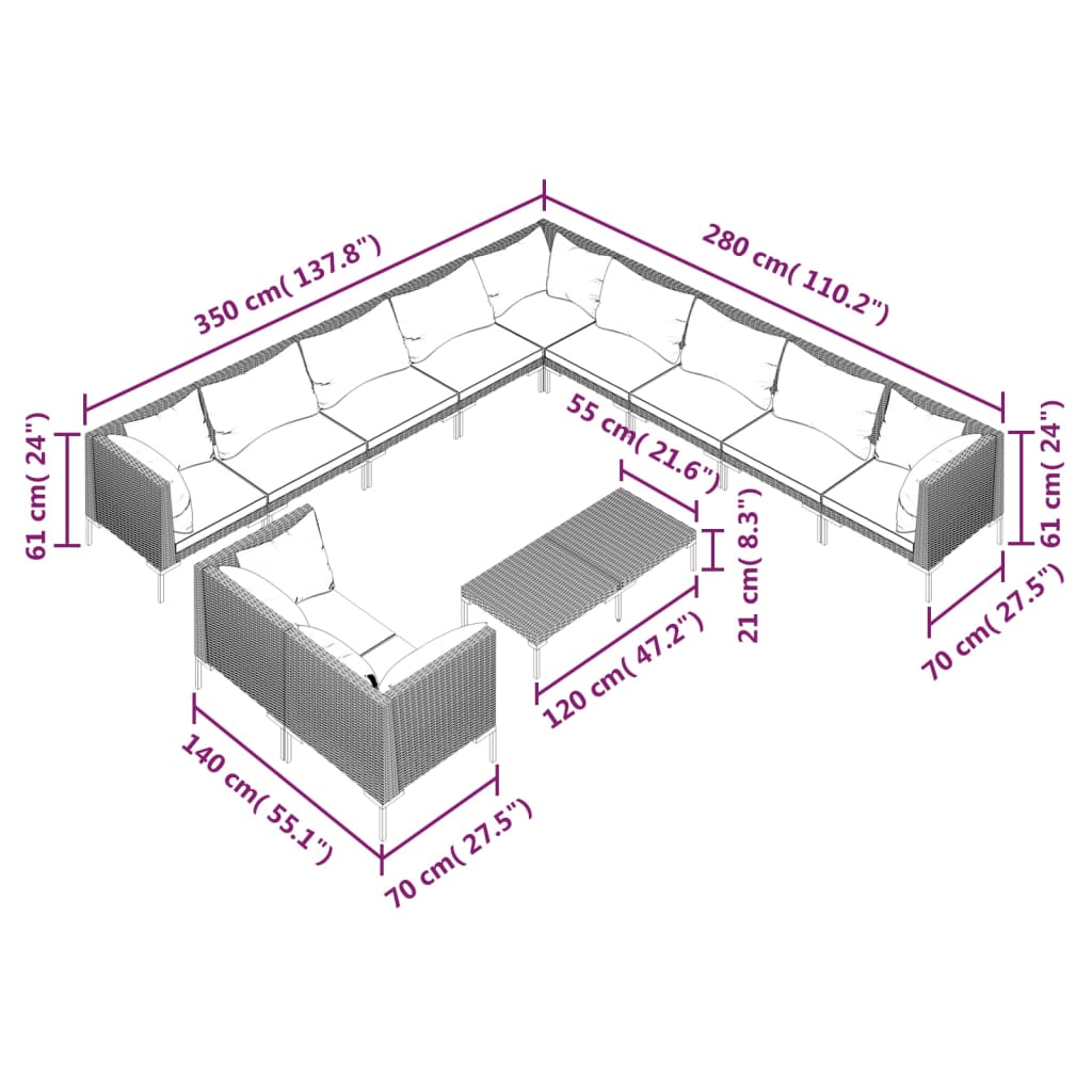 12 pcs conj. lounge jardim c/ almofadões vime PE cinza-escuro