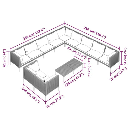 12 pcs conj. lounge jardim c/ almofadões vime PE cinza-escuro