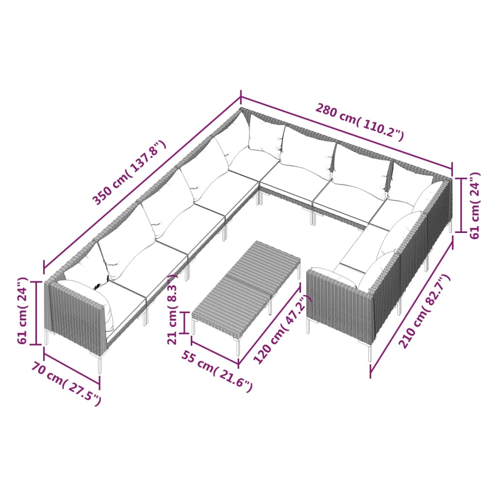 11pcs conj. lounge jardim c/ almofadões vime PE cinzento-escuro