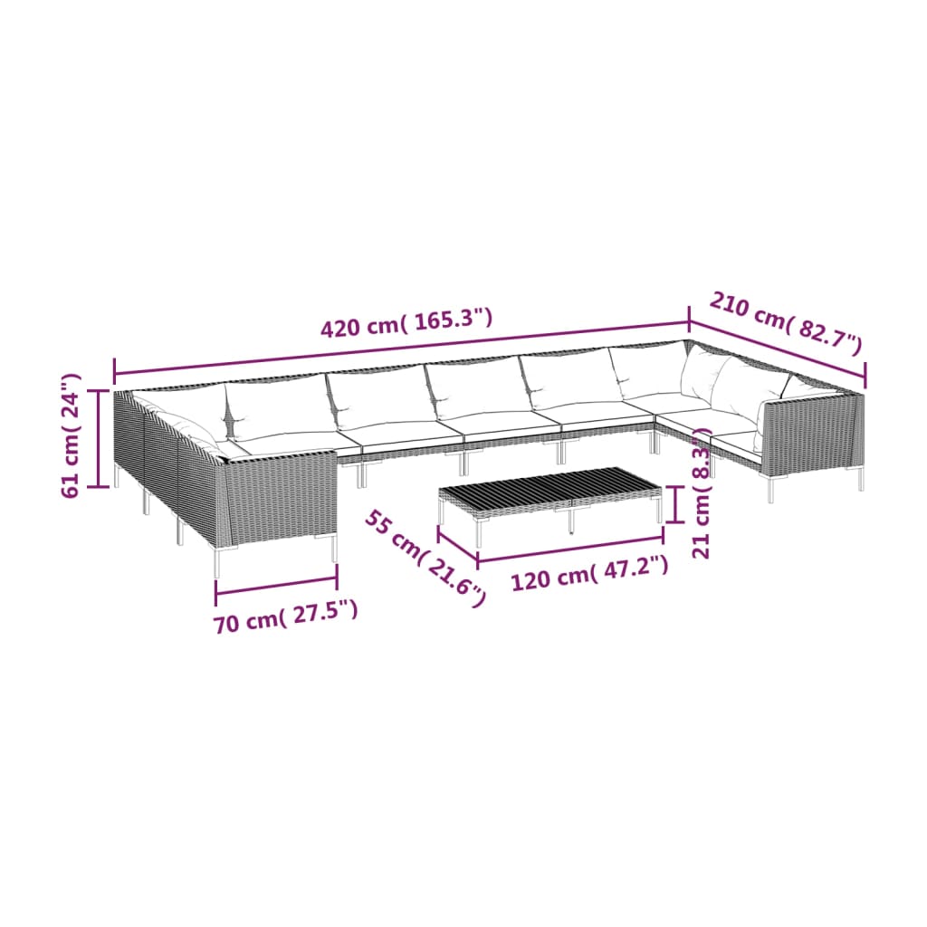 11pcs conj. lounge jardim c/ almofadões vime PE cinzento-escuro