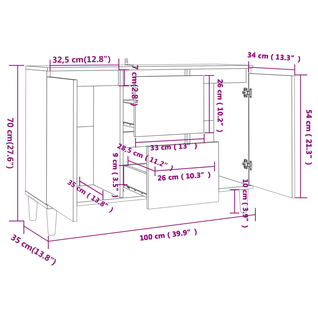 Aparador Eucali com 2 Gavetas e 2 Portas de 103 cm - Castanho - Design Nórdico