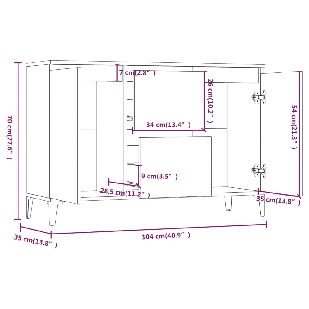 Aparador Ayla - Cor Cinzento Sonoma - Com 2 Gavetas e 2 Portas - 104x35x70 cm- Design Moderno