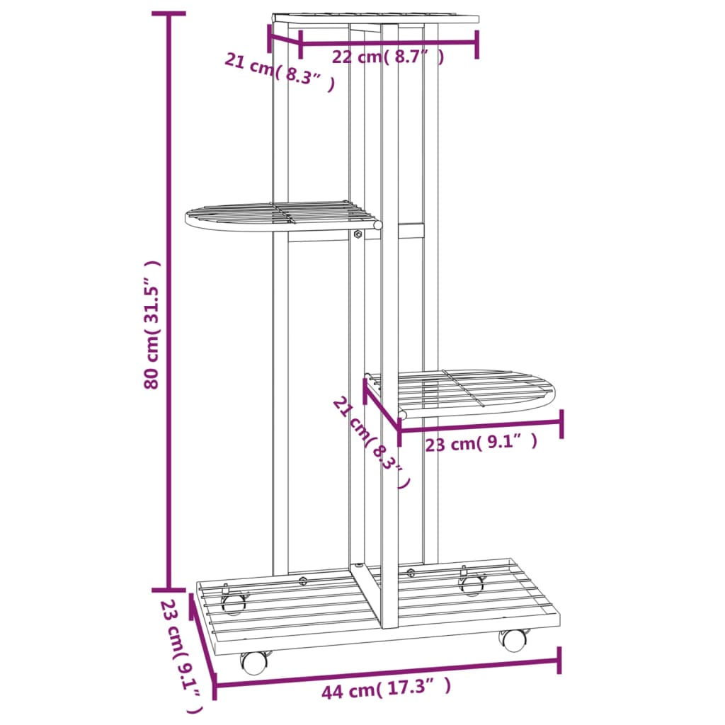 Suporte vasos c/ 4 prateleiras e rodas 44x23x80 cm ferro branco