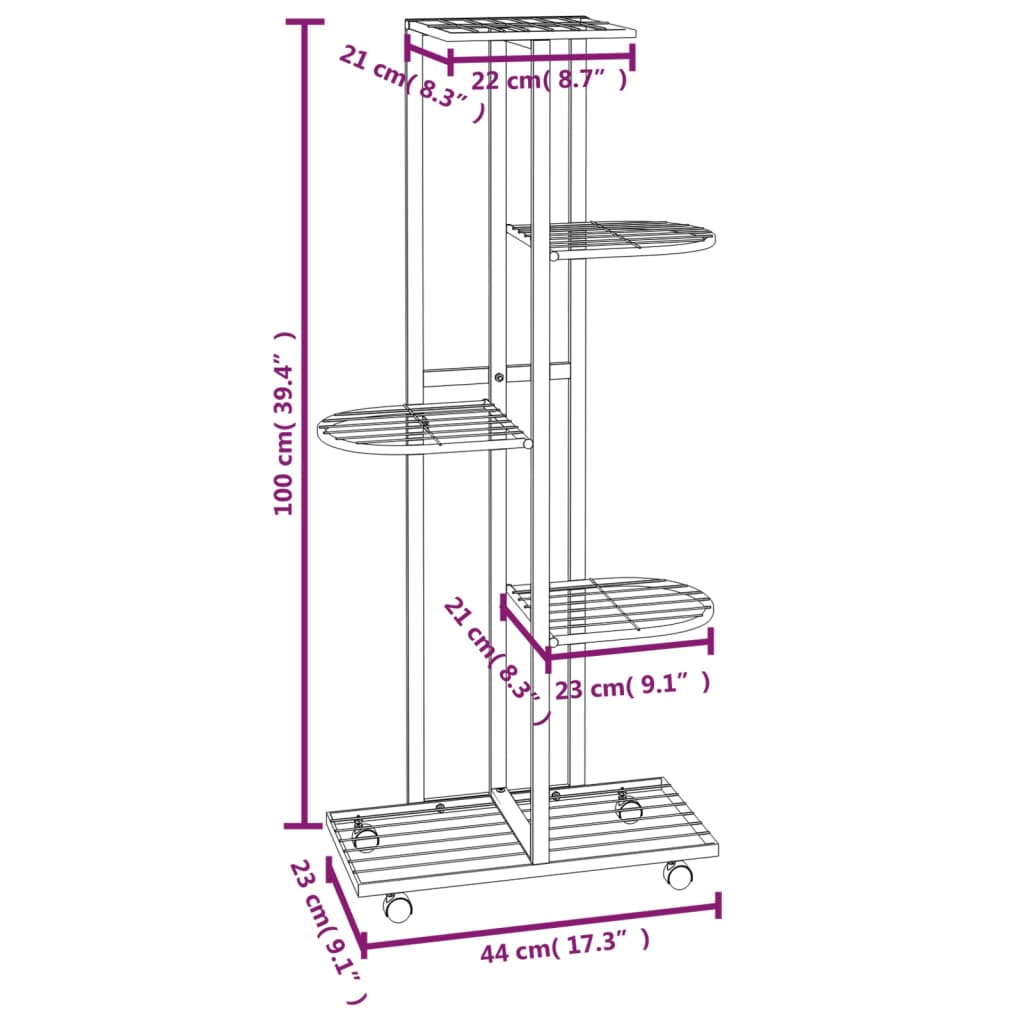 Suporte vasos c/ 5 prateleiras/rodas 44x23x100 cm ferro preto