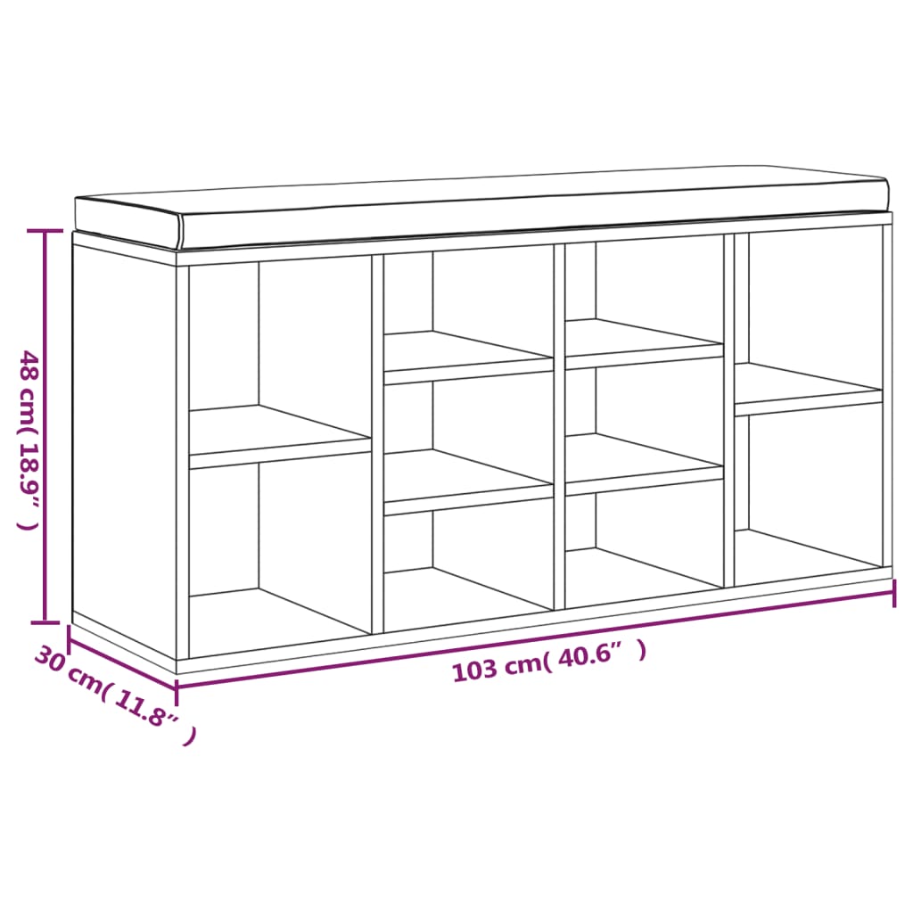 Sapateira com Banco Almofadado Castanho - Estrutura Cor Preto - Com 10 Compartimentos - 103x30x48 cm - Derivados de Madeira