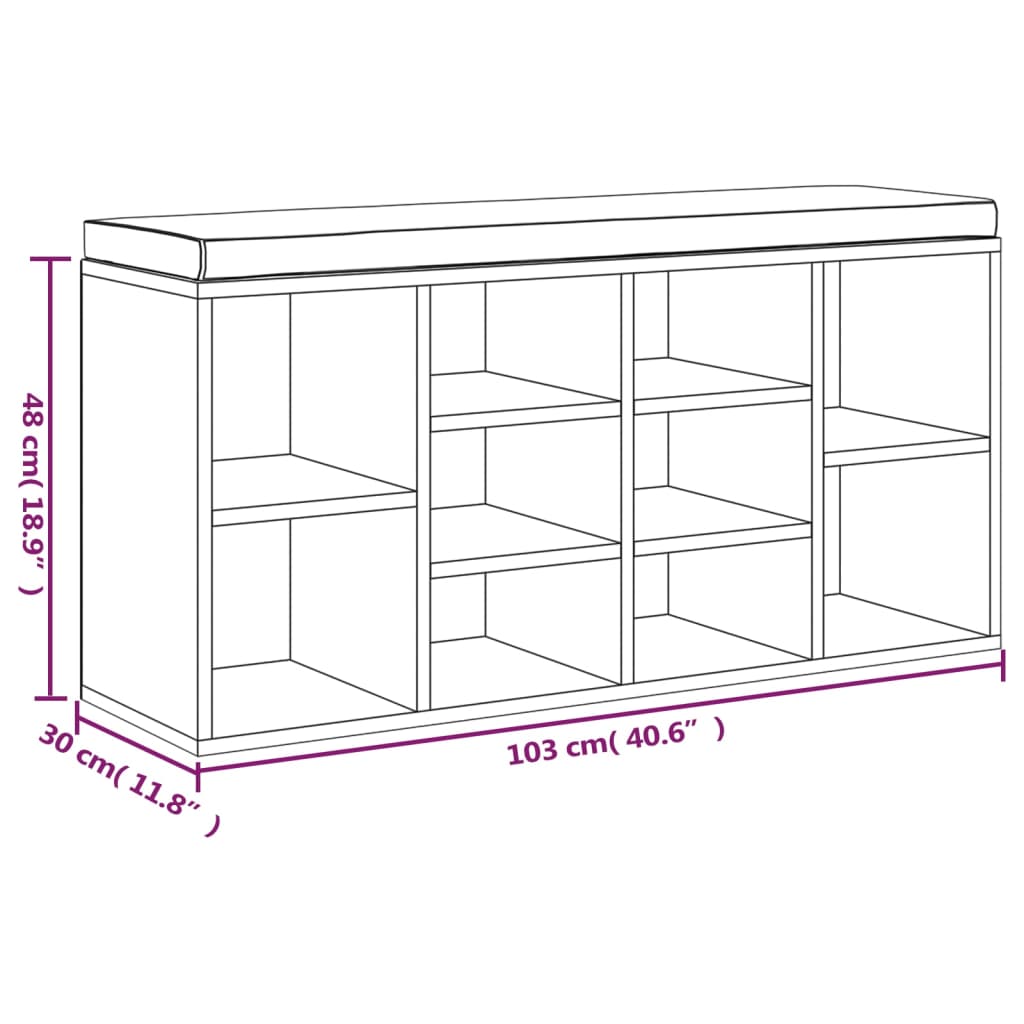 Sapateira com Banco Almofadado Castanho - Estrutura Cor Cinzento Sonoma- Com 10 Compartimentos - 103x30x48 cm - Derivados de Madeira