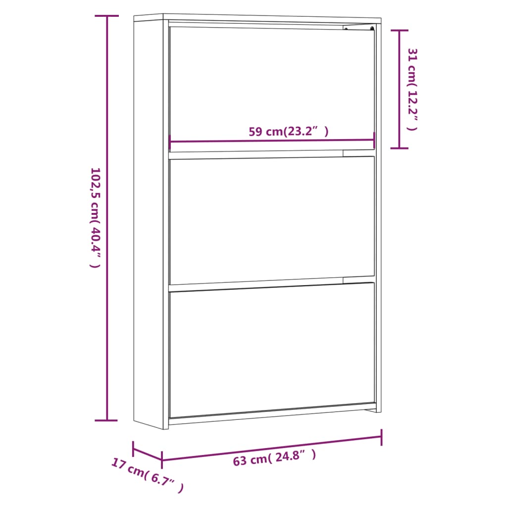 Sapateira Nárnia - Com 3 Divisórias Espelhadas - 63x 17x102,5 cm - Cor Branco Brilhante - Derivados de Madeira - Design Moderno