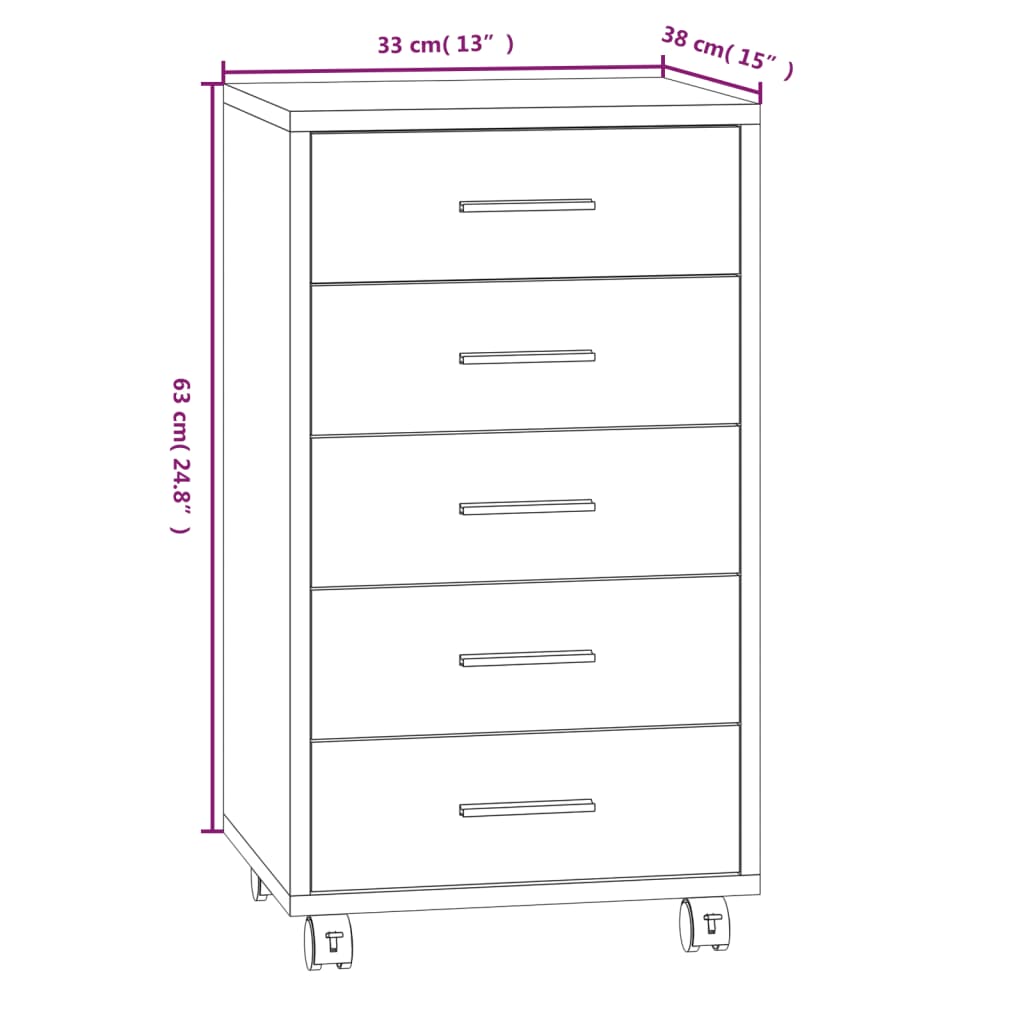 Armário de Escrtório com Rodas e 5 Gavetas - Branco Brilhante - Design Moderno