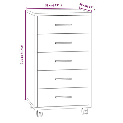 Armário de Escrtório com Rodas e 5 Gavetas - Branco Brilhante - Design Moderno