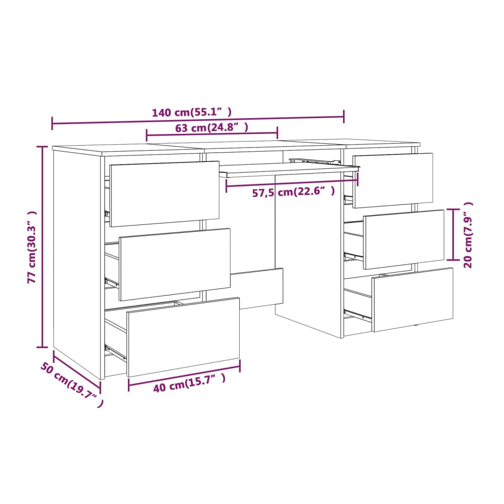 Secretária Luxes com 6 Gavetas de 140 cm - Madeira Rustica - Design Moderno