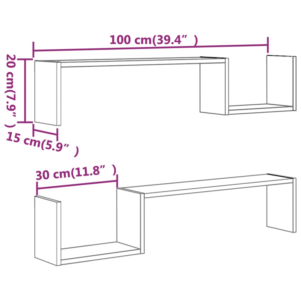 Prateleiras parede 2 pcs derivados madeira 100x15x20 cm cinza