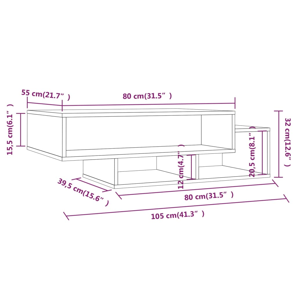 Mesa centro 105x55x32 cm derivados de madeira carvalho castanho