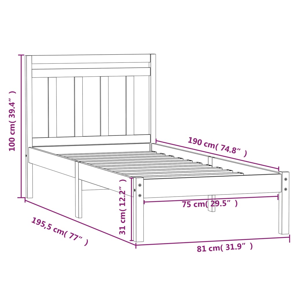 Estrutura cama pequena solteiro 75x190 cm madeira maciça preto