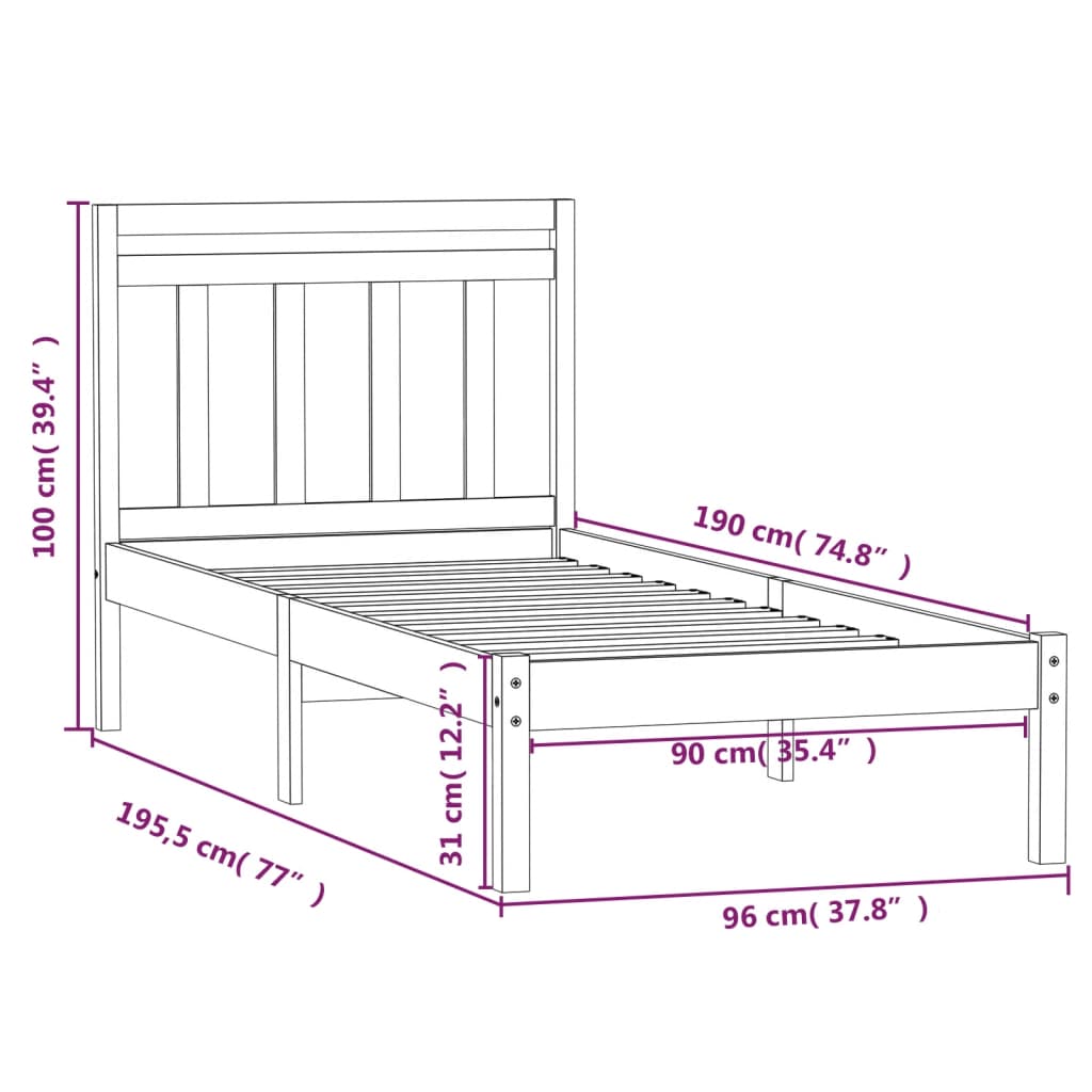 Estrutura de cama solteiro 90x190 cm madeira maciça preto