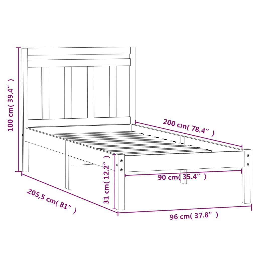 Estrutura cama solteiro 90x200 cm pinho maciço cinzento