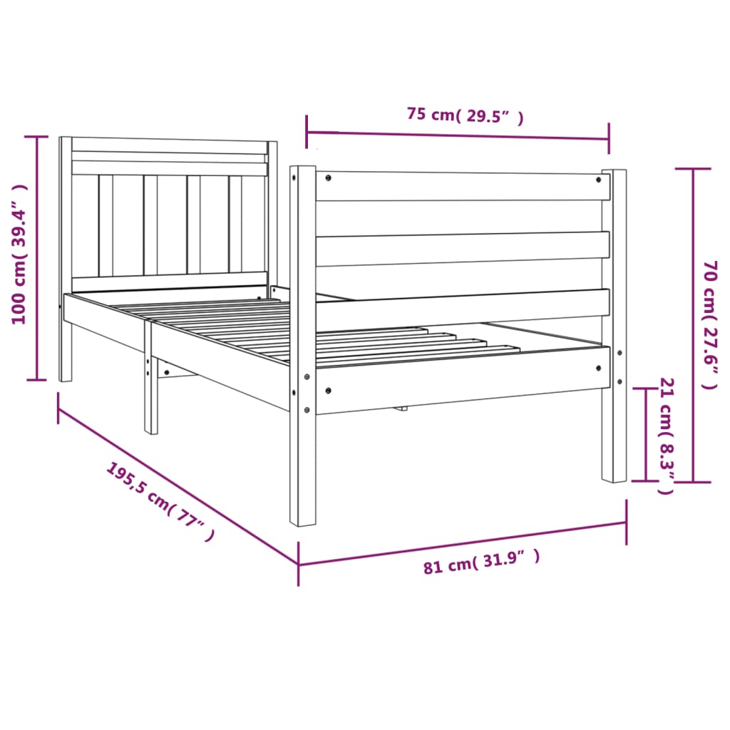 Estrutura cama pequena solteiro 75x190 cm madeira maciça preto