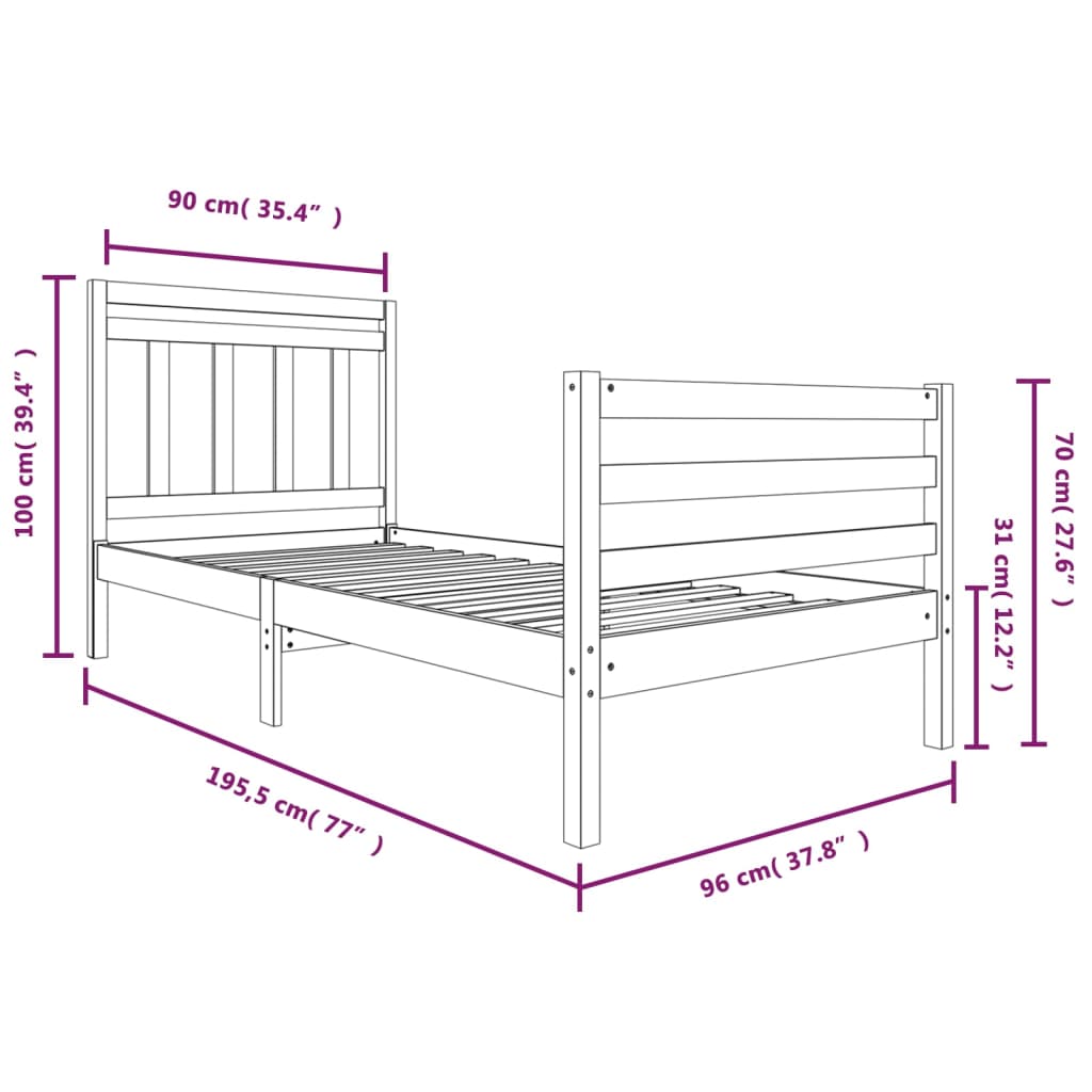 Estrutura de cama solteiro 90x190 cm madeira maciça branco