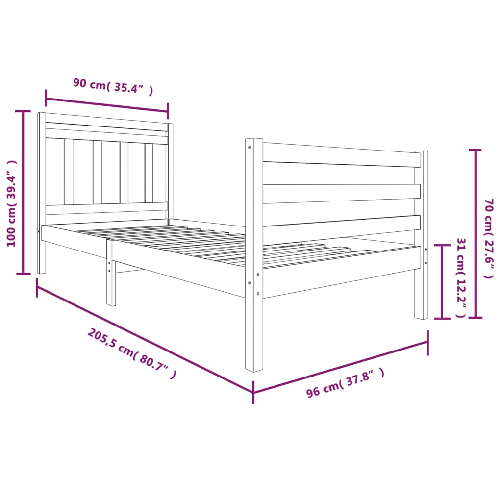 Estrutura de cama 90 x 200 cm madeira maciça