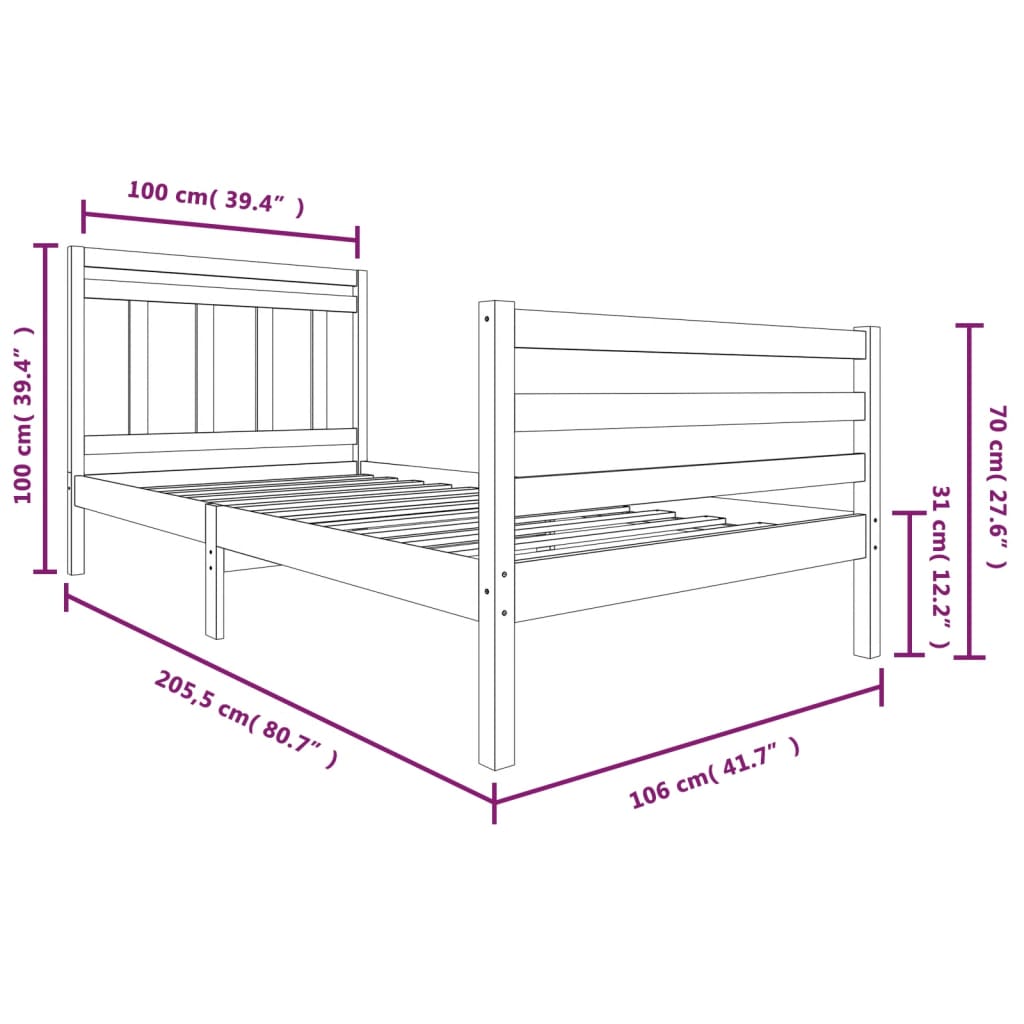 Estrutura de cama 100x200 cm madeira maciça