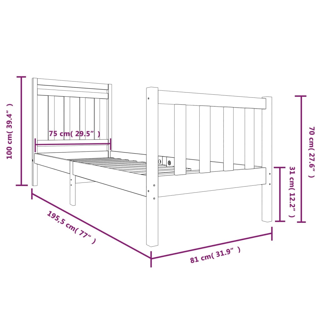 Estrutura cama pequena solteiro 75x190 cm madeira maciça branco